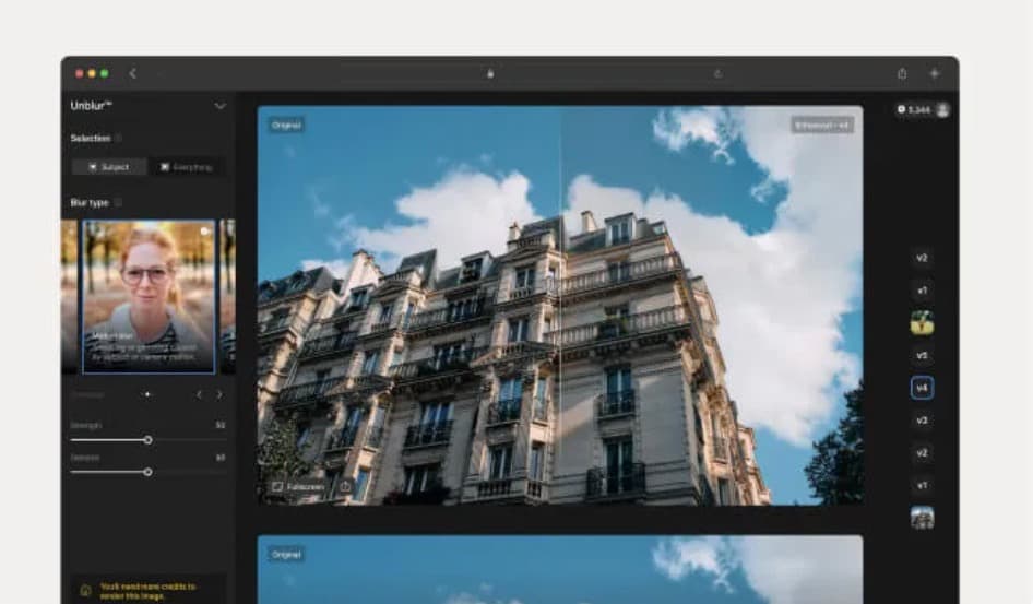 Comichar upscale workspace enhancing a photo of a building